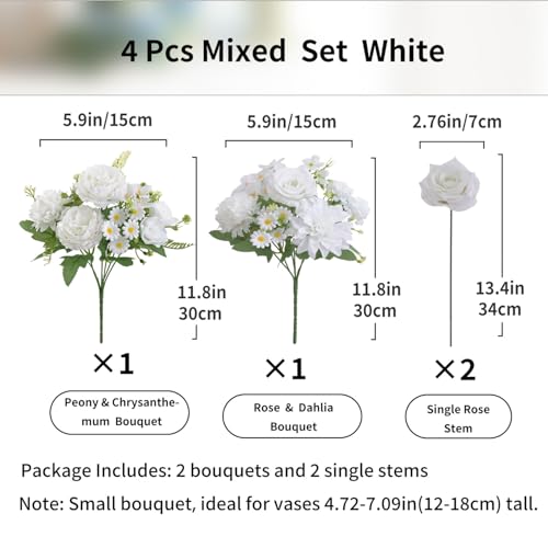 4 Pcs Mixed Artificial Flowers Set, Small Artificial Peony Bouquet Fake Rose Flower Silk Floral Arrangements for Table Centerpiece Home Wedding Party Bridal Decoration(White, 2 Bouquets & 2 Stems) - color: White, size: Mixed 4pcs