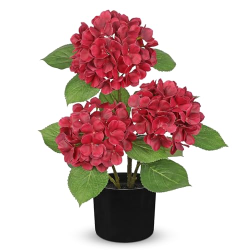 Hollyone Red Hydrangea Artificial Flowers Plant Potted 19.7" Faux Silk Burgundy Hydrangea Fall Flower Tree Arrangements for Home Bathroom Office Table Centerpiece Shelf Decorations - color: Red, size: 3 Head Hydrangea