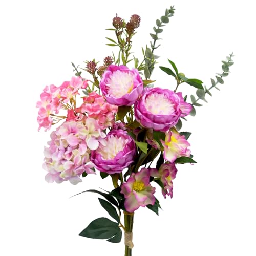 Artificial Flowers Bouquet – Fake Silk Hydrangea Peony and Eucalyptus Mix, Faux Flower Arrangements for Home, Office Decor and Dining Table Centerpieces (Pink &Magenta) - color: Pink &Magenta