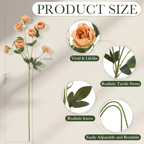 6 Pcs 32" Large Light Brown Artificial Peonies Stems Flowers, Real Look Faux Silk Peony Bouquet 42 Heads Total for Vase Filler, Farmhouse Rustic Neutral Home Decor, Wedding Centerpieces - color: Creamy Orange
