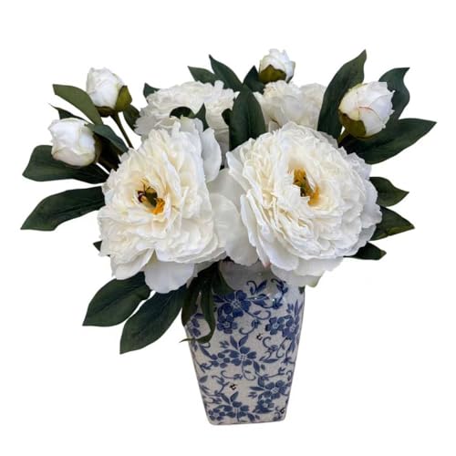 4 PCS Premium White Peonies Artificial Flowers,19.2’’Fake Faux Silk Peonies for Centerpieces Wedding Home Decor (4, White) - color: White