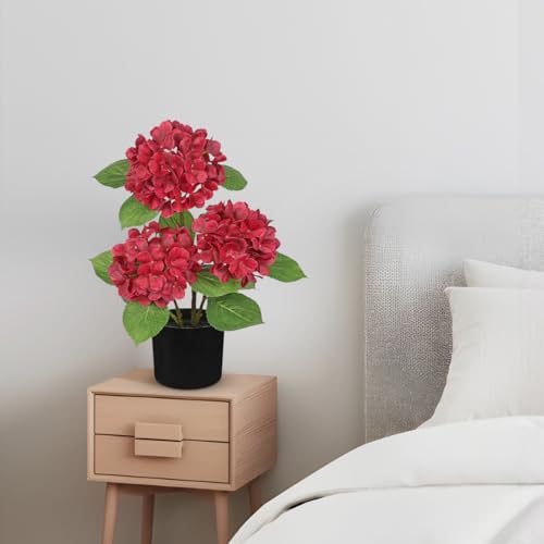 Hollyone Red Hydrangea Artificial Flowers Plant Potted 19.7" Faux Silk Burgundy Hydrangea Fall Flower Tree Arrangements for Home Bathroom Office Table Centerpiece Shelf Decorations - color: Red, size: 3 Head Hydrangea