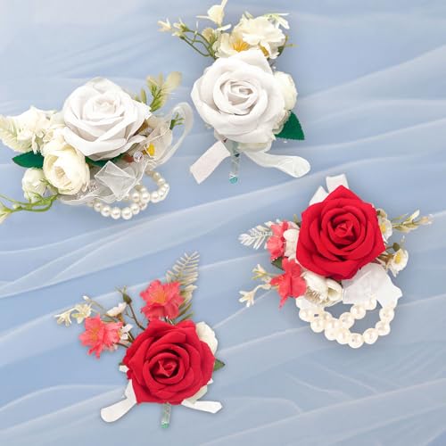 Wrist Corsage and Boutonniere Set, Artificial Rose Corsage Wristlet and Boutonniere for Wedding Prom Party (White 1 Boutonniere&1 Wrist Corsage) - color: White 1 Boutonniere&1 Wrist Corsage
