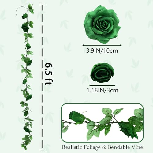 Felice Arts 2 Pack Green Artificial Flower Garland, Each 6.5FT Fake Rose Floral Garland, Hanging Rose Vines Spring Garland for Wedding St.Patrick's Day Swing Table Home Party Decor - color: Green