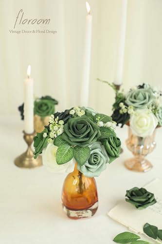 Floroom Artificial Flowers 25pcs Real Looking Forest Green Ombre Colors Foam Fake Roses with Stems for DIY Wedding Bouquets Bridal Shower Centerpieces Sage Green Floral Arrangements Decorations - color: Shades of Forest