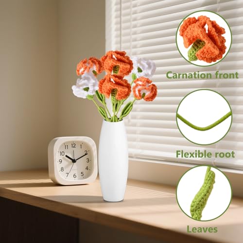 Crochet Flower, Cute Woven Carnation Bouquet, Artificial Crochet Flowers for Women, 6PCS Handmade Knitted Carnation Flower Decor Desk Home (Orange) - color: Orange
