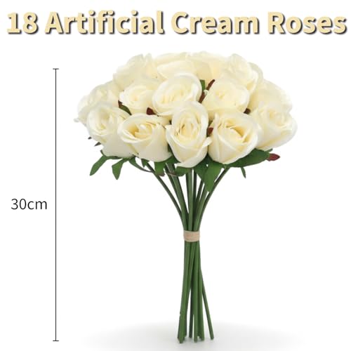 Cream Roses, Bunch of 18 Faux Flowers Bouquet, (12") 30cm Realistic Artificial Roses with Stems for DIY Weddings Bridal Shower & Christmas Party Arrangements - color: Cream
