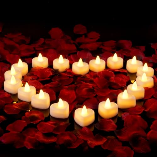 Amagic 2000 Pieces Artificial Rose Petals with 24 Heart LED Tea Lights Candles Kit, Rose Petals and Candles Set for Proposal, Anniversary, Special Romantic Night, Wedding Table Decor, Birthday - color: 24 Pcs White Candles + 2000 Pcs Red-Black Petals