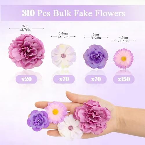 ATTGREAT 310 Pcs Fake Flower Heads Mini Artificial Flower Bulk Silk Flowers for Decoration Small Faux Flower Heads Fabric Daisy Buds Floral for Crafts DIY Wedding Party Baby Shower Home Decor, Purple - color: Purple