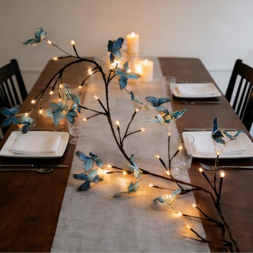 Blue Butterfly LED Tree Branch Lights for Wall, Butterfly Vine Lights for Bedroom with 96 LED Flower String Lights and USB Powered,8Lighting Modes for Indoor Window Wedding Decor (75 in) - size: 75in, style: Blue butterfly