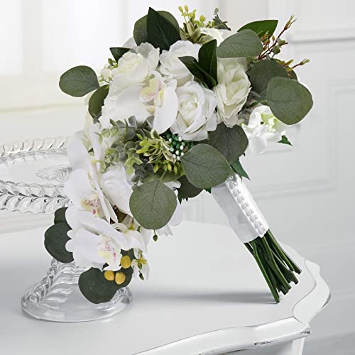 Artificial Bridal Bouquet, 11 Inch White Artificial Wedding Bouquets for Bride Bridal Bouquet Bridesmaid Bouquet Tossing Bouquet for Wedding Ceremony and Anniversary(White) - color: White