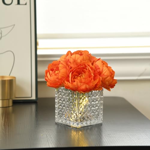 Artificial Peony Silk Flower Centerpieces with LED Light Faux Floral Arrangement in Glass Vase for Home Wedding Table Decoration (Orange) - color: Light-orange