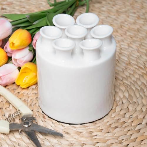 MOUGIGI Large Ceramic Vase Modern Cylinder Design with 7 Flower Openings, Perfect Centerpiece for Tulips、Hydrangeas、Roses and Wildflowers - Ideal Home Decor Gift for Birthdays Mothers Day - color: Tulip Vase