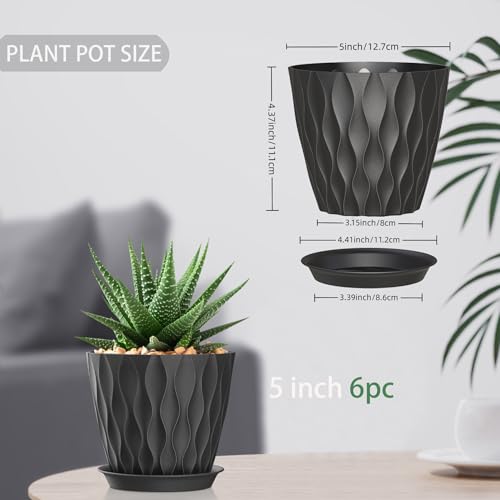 5 Inch Planter Pots, 6 Pack Indoor Planters, Small Flower Pots with Drainage Holes and Tray for Succulents, Orchids, Herbs and Other Indoor Plants,Black - color: Black, size: 5inch