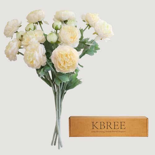 KBREE Ranunculus Artificial Flowers, 5 Pcs Faux Ranunculus Real Touch Stems, Fake Peony Flowers for Wedding DIY Bouquets, Centerpieces, Bridal Shower Decorations & Spring Home Decor (Light Champagne) - color: Light Champagne