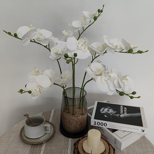 ATFL 6 Pack White Orchid Artificial Flowers Real Touch, 23'' Artificial Fake Faux Silk Orchid Stem Bouquets for Wedding Party Home Garden Decor,Orquideas Artificiales para Decora (6, White) - color: White