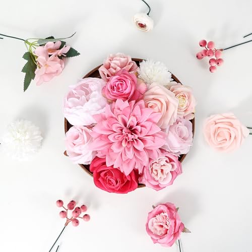 Artificial Flower Box Set – Faux Floral Bouquet for Party&Table Centerpieces, Realistic Pink Flowers Artificial for Home & Wedding Decoration,Bulk Fake Flowers with Stems - color: Hot Pink