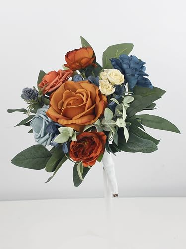 Rinlong Navy Terracotta Bridesmaid Bouquet, Fall Wedding Bouquets | Bridal Bouquet, Prom, Homecoming, Destination Friendly - color: 02-navy & Terracotta