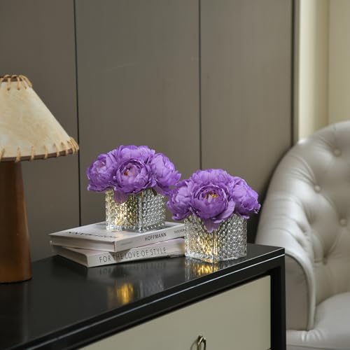 Artificial Peony Silk Flower Centerpieces with LED Light Faux Floral Arrangement in Glass Vase for Home Wedding Table Decoration (Purple) - color: Light-purple