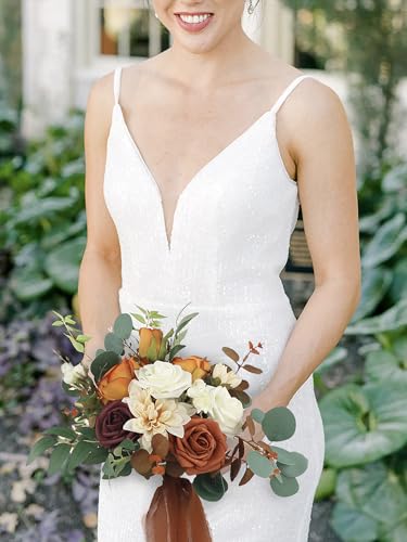 Rinlong Terracotta Bridesmaid Bouquet, Fall Wedding Bouquets | Burnt Orange Silk Bridal Bouquet, Prom, Homecoming, Destination Friendly - color: 01-terracotta & Green