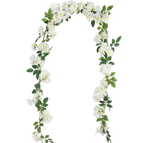 2 Pcs Artificial Flowers Garland for Outdoors White Faux Gardenia Garland 12Ft Silk Rose Hanging Vines Floral for Wedding Arch Party Wall Garden Ceremony Backdrop Fence Spring Decor - color: White