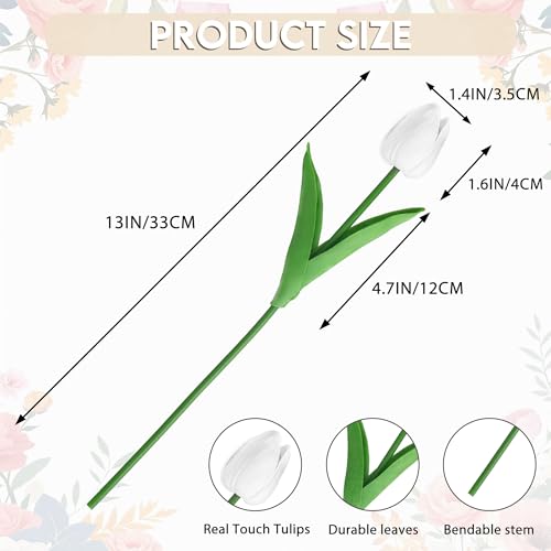 20 Pcs White Fake Tulips Artificial Flowers 13" Faux Flowers Real Touch PU Tulips Bouquet for Mother's Day Floral Arrangement Home Kitchen Table Wedding Decorations - color: White