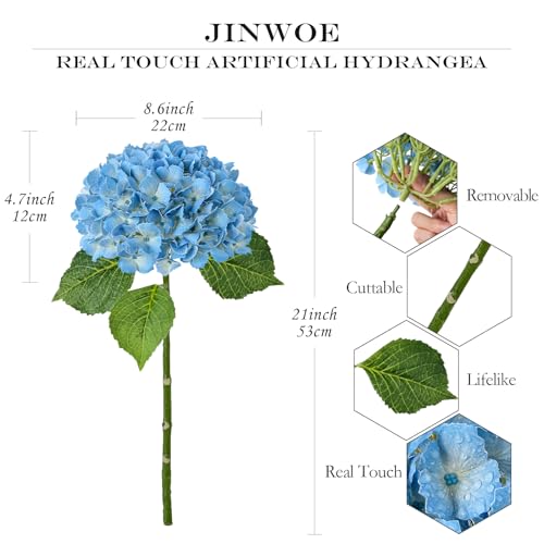JINWOE Light Blue Artificial Hydrangea Flowers, 3pcs 21" Latex Real Touch Spring Faux Hydrangea Flowers,Lifelike Artificial Hydrangeas with Stems for Porch Bouquets Wedding Home Table Centerpieces - color: Light Blue