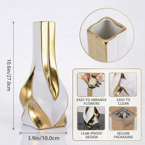 10.6" White and Gold Ceramic Vase, Modern Geometric Flower Vase for Dining Table Centerpiece, Elegant Decorative Vase for Pampas Grass, Living Room, Bedroom, Office, Tabletop Decoration - color: White Gold