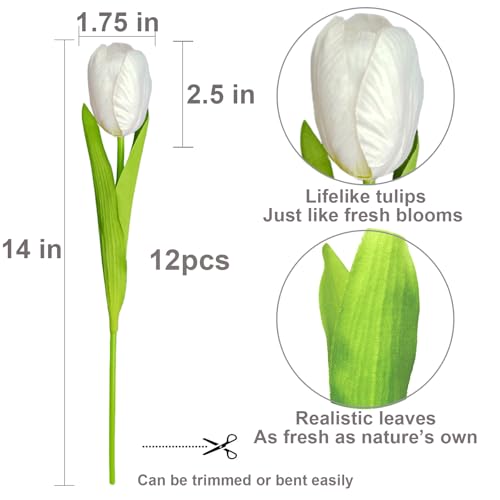 12pcs White Tulips Artificial Flowers Real Touch Silk Fake Flowers Faux Tulip Stems for Wedding Spring Bouquet Floral Arrangement Home Decorations Dining Centerpieces - color: White