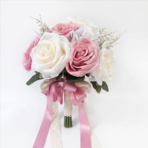 Wedding Bouquets for Bride, Ivory White & Dusty Pink Bridal Bouquet | Realistic Silk Rose for Rustic Boho Church Ceremony, Proposal, Thanksgiving, Wedding Decor - color: Dusty Pink and Ivory White