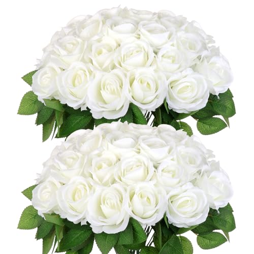 80Pcs White Roses Artificial Flowers Bulk, Velvet Silk White Roses Realistic Rose Fake White Flowers for Wedding Party Table Centerpieces Bridal Bouquets Home Decor (White) - color: White Rose-80