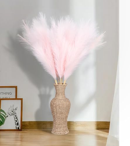 9 Pcs 45" Tall Pampas Grass Pink Decor, Long Stem Artificial Flower Floor Vase Large Faux Floral Pompas Fake Plants Dried Bouquet Arrangement Vase Filler for Boho Home Wedding Decoration - color: 9 Pcs 45" Pink Style