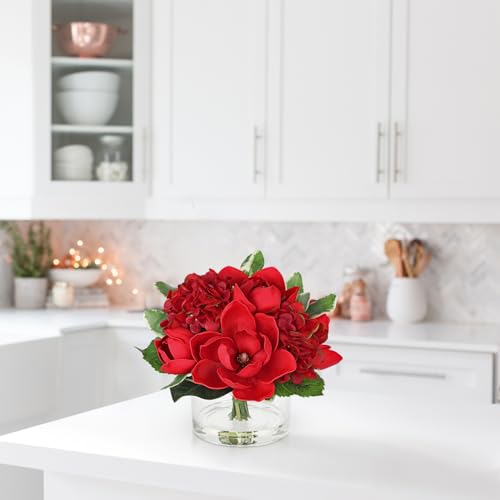 Briful Artificial Magnolia and Hydrangea Flower Arrangement in Glass Vase 9.4" Realistic Red Silk Fake Flower with Faux Water Fake Floral Centerpieces for Home Room Office Table Shelf Décor - color: Red