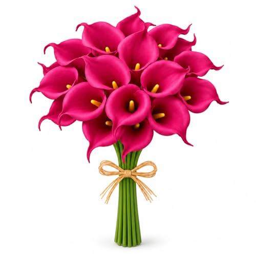 Mandy's 20pcs Hot Pink Calla Lily Artificial Flowers | 13.5 Inch PU Realistic Bouquet for Vase Elegant Home Decor Centerpiece Wedding Bridal Bouquet Table Decoration - color: Hot Pink