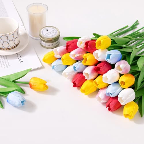 U'Artlines 30Pcs Fake Tulips Artificial Flowers with Stems Faux Tulips Bouquet Real Touch Flower for Wedding Home Kitchen Spring Easter Mother's Day Floral Arrangement Decor (Multi Colors) - color: Multi Color