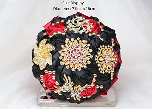 Burgundy and Black Bridal Wedding Bouquet Luxury Gold Rhinestone Brooch Bouquet for Bride Bridesmaid Quinceanera Satin Rose Artificial Flower Bouquet Wedding 7.1in - color: Burgundy & Black, size: Diameter: 7.1 inches
