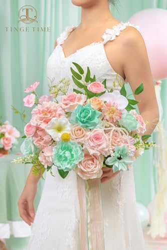 TINGE TIME 13 Inch Wedding Bouquets for Bride,Bridal Bouquet for Bride, Artificial Silk Flowers for Wedding Ceremony and Anniversary (Mint Green & Pink) - color: Mint Green & Pink