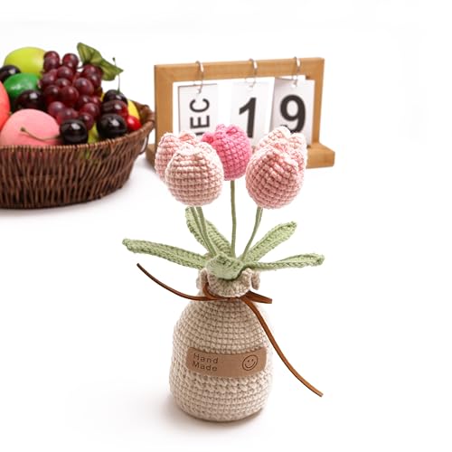 Crochet Woven Tulips with Wool,Simulation Plant Crochet Hand-Woven Flowers for Home Room Table Office Ornaments and Birthday Gifts for Family Friends Anniversary（5 Flowers-Pink ） - color: Pink B, size: B