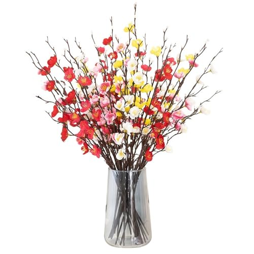 12 Pcs Artificial Plum Blossom Flowers 22" Fake Cherry Blossom Branches Faux Silk Plum Blossom Branches Arrangements for Vase Home Wedding Anniversary Dinning Table Spring Decor
