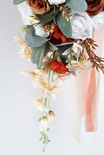 Wedding Bouquet, 11 Inch Terracotta Wedding Decor Artificial Flowers Bridal Bouquet Cascading Wedding Bouquets for Bride for Wedding Ceremony and Anniversary(Chic Terracotta) - color: Chic Terracotta