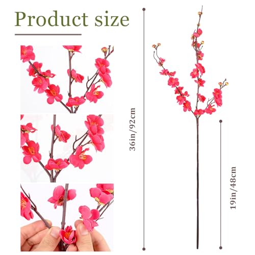 8pcs Rose Red Cherry Blossom Branches Artificial Flowers for Winter Spring Indoor Decoration, 36" Plum Fake Peach Plants for Wedding Home Office Bedroom Party Decor (Rose red, 36in) - color: Rose Red, size: 36in