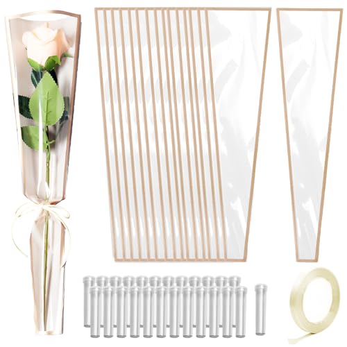 Bayurht 101 PCS Single Rose Sleeve Single with Ribbon and 50 Pcs Floral Water Tubes Flower Packaging Bags Single Flower Sleeve Flower Wrapping Bags for Bouquets Wrapping (White) - color: White