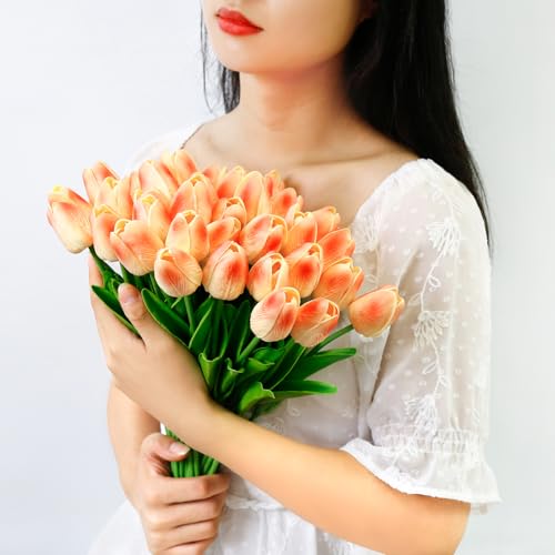 36 Pcs Tulips Artificial Flowers, 13 Inches Real Touch PU Fake Tulips for Wedding Bouquets, Home Decor - color: Champagne