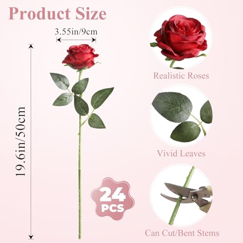 Nubry 24pcs Artificial Burgundy Roses, Fake Silk Roses Flower with Long Stems, Realistic Flowers for Bridal Wedding Party Table Centerpiece Home Decor - color: Burgundy