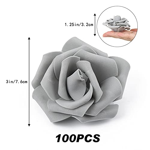 Artificial Rose Flower Heads, 100pcs Gray Roses Artificial Flower Foam Rose for DIY Wedding Bouquets Centerpieces Arrangements Party Baby Shower Home Decor (Stemless,Gray) - color: Grey, size: 100PCS