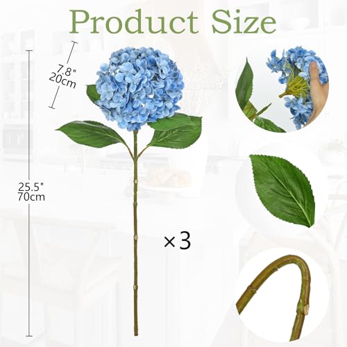 Large Real Touch Hydrangea Artificial Flowers with Stems, 8" Full Bloom Fresh Touch Faux Hydrangea Bouquet for Vase Decor, Wedding Centerpieces, Home Table Arrangement 25.5” Tall Blue Hydrangeas - color: Blue-l
