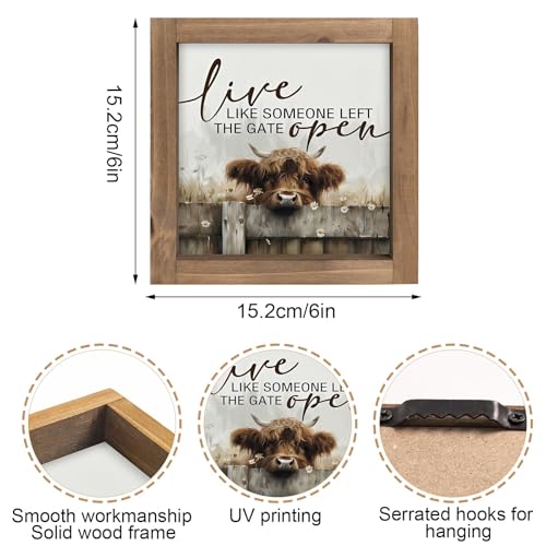Live Like Someone Left The Gate Open Sign, 6 Inch Wooden Highland Cow Office Decor, Western Wall Art Indoor Table Desk Shelf Decorative Signage Bedroom Rustic Farmhouse Decorations for Home - color: brown-1