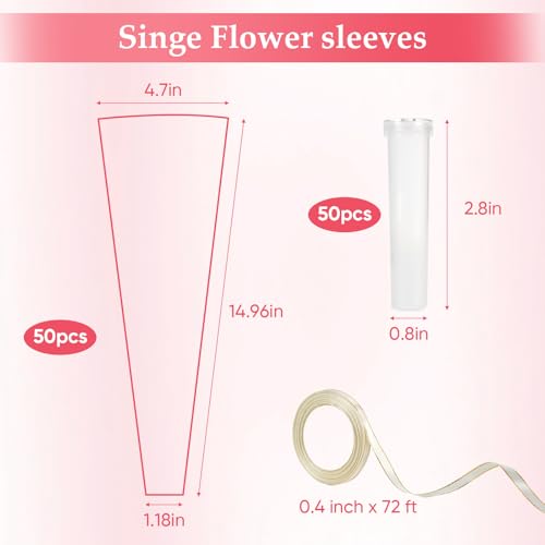Wzifyf 50 Pcs Flower Water Tubes with 50 Pcs Clear Single Rose Sleeve Holder for Bouquets with 72 Ft Ribbon Flower Vials Individual Single Stem Floral Wrapping Bag for Mother's Day Florist Supplies - color: Clear, size: single flower wrap