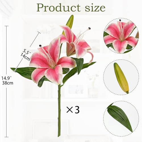 Artificial Tiger Lily Silk Flowers - 3 Pcs Faux Lily Flower 14.9" Fake Lilies Bouquets Faux Stargazer Lilies Stem with 6 Heads & 3 Buds for Indoor Outdoor Home Table Wedding Decor (Bright Pink) - color: Bright Pink