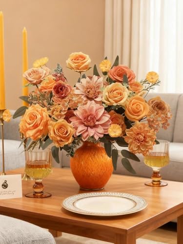 Artificial Flowers Combo Box Orange Fake Roses Silk Flowers with Stems Dahlia for DIY Cake Wedding Bridal Bouquets,Floral Arrangement,Table Centerpieces,Baby Shower,Home Party Decorations - color: Orange2